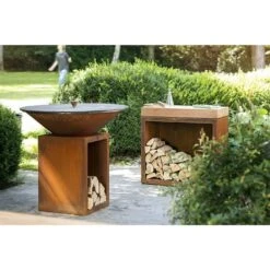Billot Corten Et Bois De Teck 90 Cm - Ofyr -Équipement De Barbecue ofyr billot range bois 90 cm 7430440799784 2